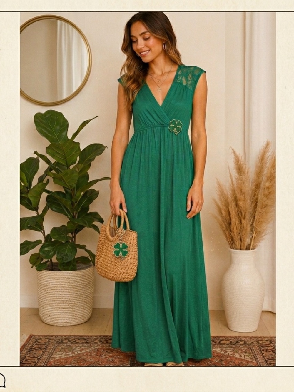 Pinc Emerald Green Lace-Shoulder V-Neck Maxi Dress